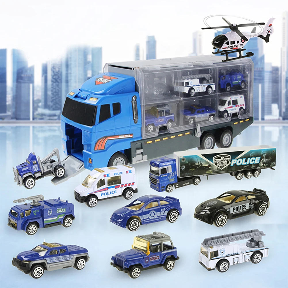 

10 In1 Police Transport Truck Mini Diecast Plastic Play Vehicle In Carrier Car Toy Set For Kids Children Boy Gift For Birthday