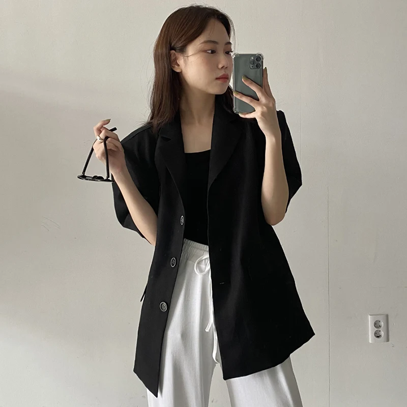 

Summer Blazers Coat For Women 2021 New Korea Chic Lapel Button Cotton Linen Loose Casual Short Sleeve Cardigan Jacket For Women