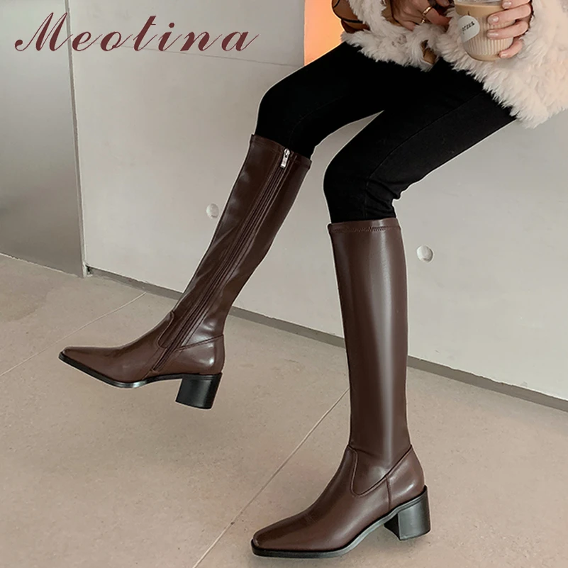 

Женские сапоги до колена Meotina, коричневые сапоги из натуральной кожи на высоком толстом каблуке, на молнии, с квадратным носком, Осень-зима ...
