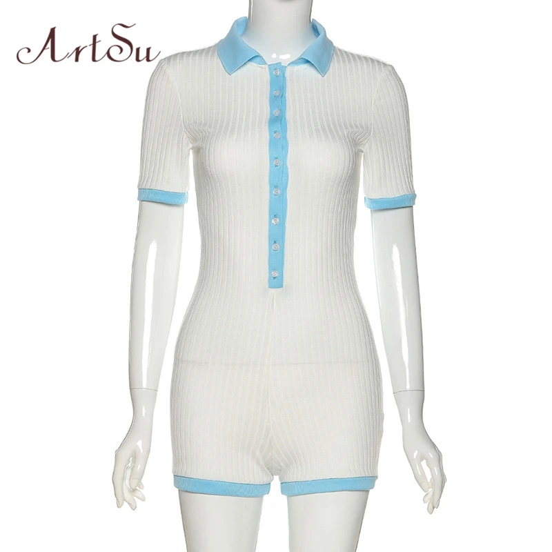

Artsu 2020 Summer White Ribbed Fitted Jumpsuit Women Single-Breasted Short Sleeve Cute Sexy Playsuit Romper ASJU60959