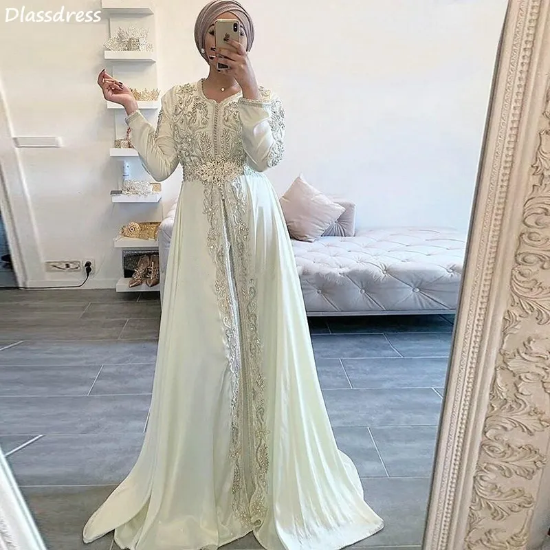 

Ivory Evening Dress 2020 New A-line Satin Floor Length O-neck Applique Beading Luxury Muslim Prom Dress вечернее платье