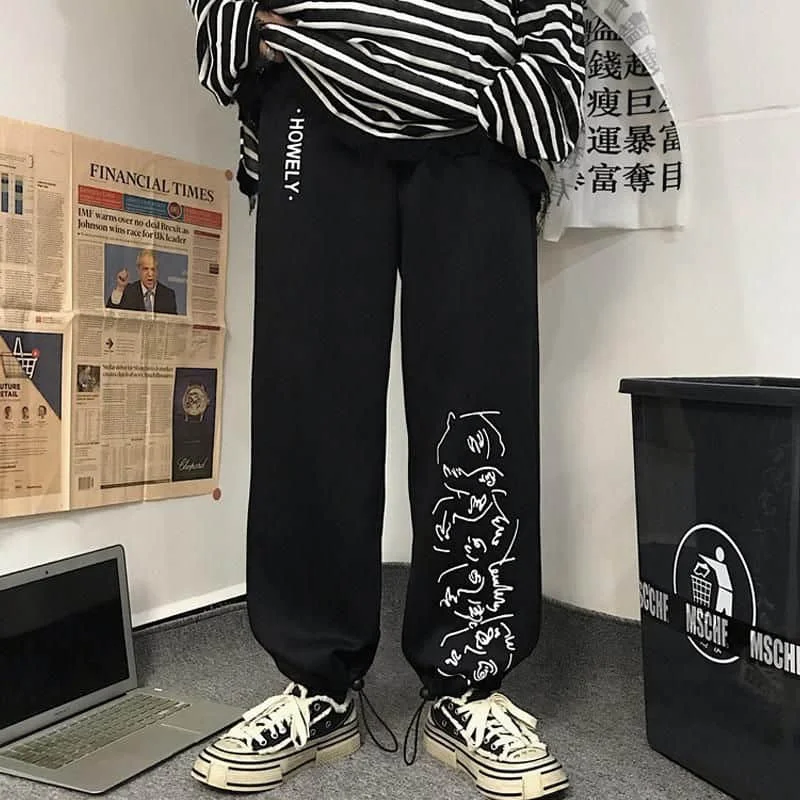 

Pants men and women spring Korean version Harajuku style street printing drawstring leggings loose and thin straight pants