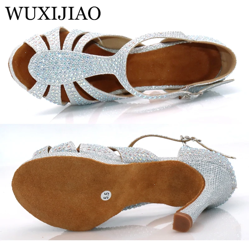 Фото Женские туфли для танцев WUXIJIAO, серебристые блестящие туфли для сальсы, Бальные Танцевальные Туфли шириной 10 см №4