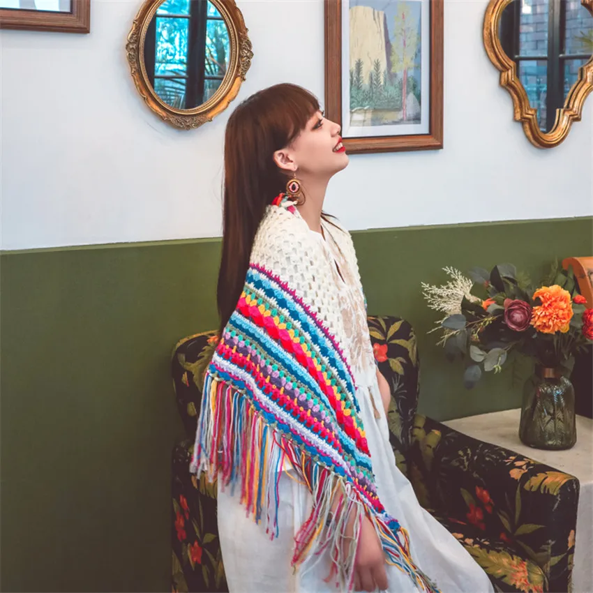 Boho Ethnic Style Handmade Crochet Scarf Shawl Tassel Women Colorful Rainbow Striped Knitted Pashmina Designer Poncho |