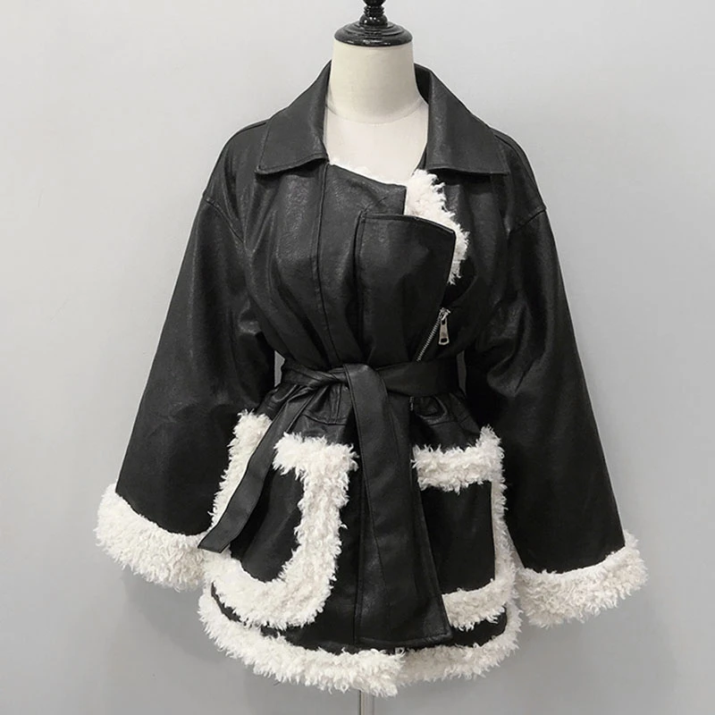 Зимняя женская куртка высокого качества модная из овечьей шерсти с ремнем Куртки