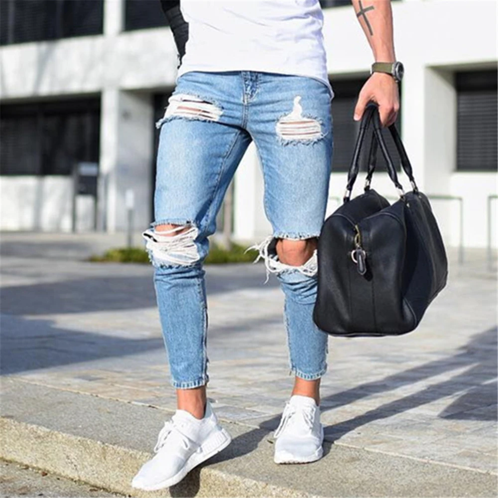 

2020 Light blue hole pants Jeans Men's Jeans Skinny Slim Ripped Distressed Pleated Knee Hole Denim Pants Plus size Jeans For Men