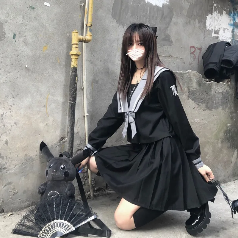 Женская юбка в японском стиле преппи рубашка с бантом трапециевидная темный