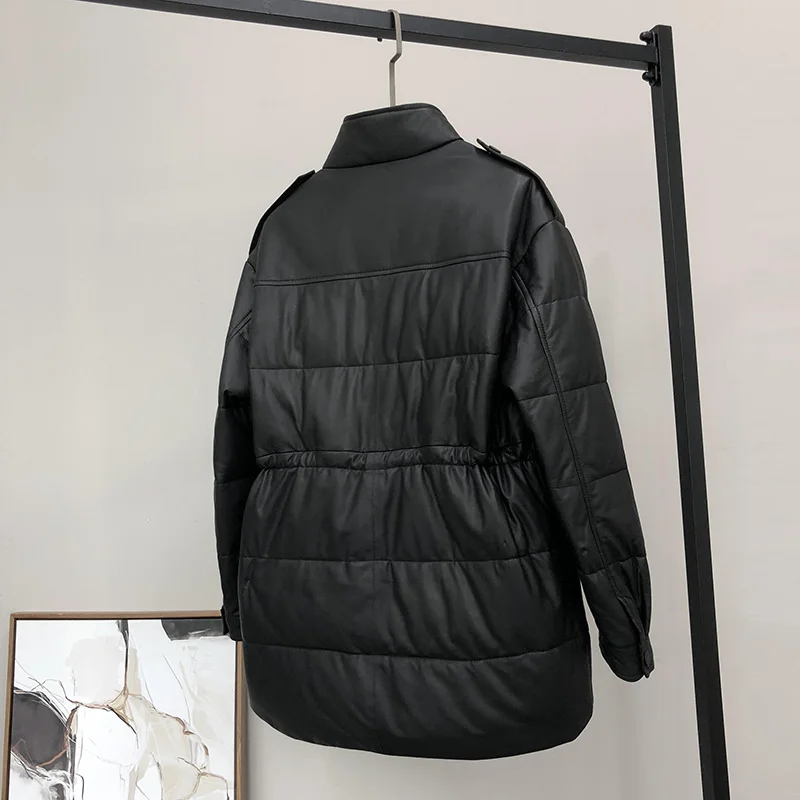 Купить Кожаный пуховик SHZQ, женская кожаная куртка средней и длинной длины, с воротником-стойкой, Ветровка из овечьей кожи, куртка с карманами для ин...