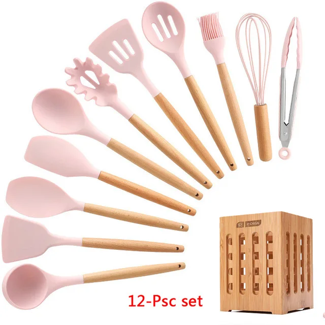 12- kitchen set Набор для кухни, 11/12 предметов. силиконовых кухонный набор, антипригарная, деревянная, ручка, набор кухонных инструментов, набор кухонных принадлежностей, c держателем коробка, для готовки,кухонная утварь - Цвет: 12- kitchen set