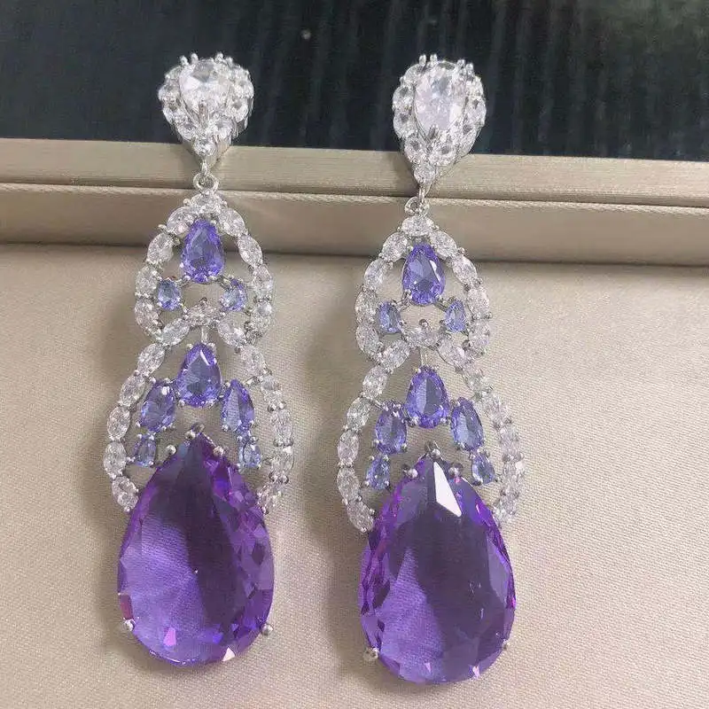 

Bilincolor cz luxury big purple earring for women wedding bridal gift jewelry