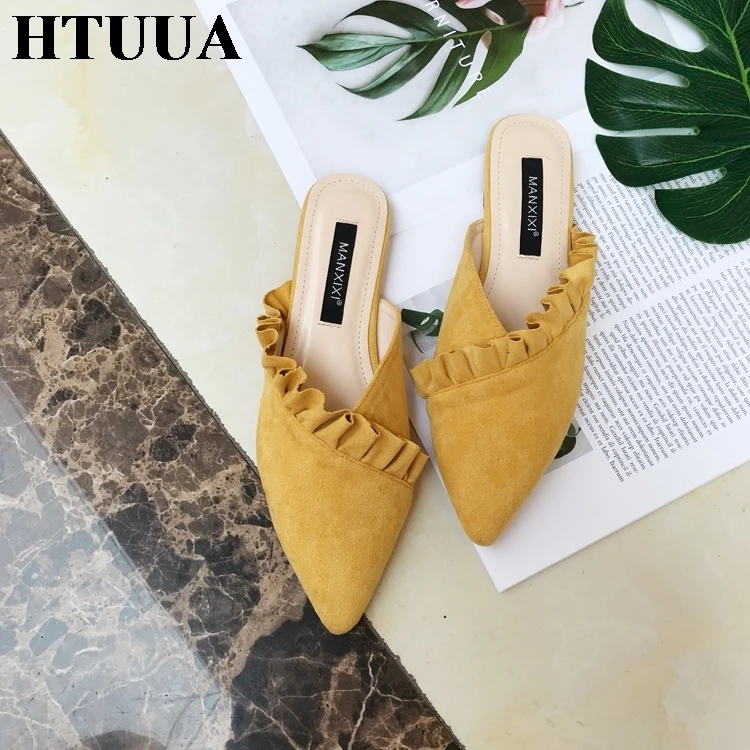 HTUUA/высококачественные Мягкие Шлепанцы из флока; женские туфли без задника; сезон весна-лето-осень; женская обувь; шлепанцы на плоской подошве; SX1311