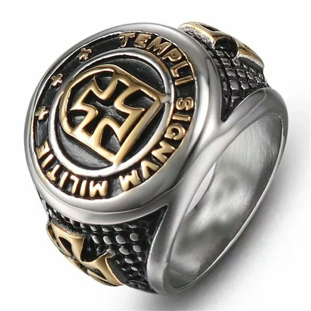 

Mens Masonic Knights Templar Ring Gold Cross Shield Men Stainless Steel