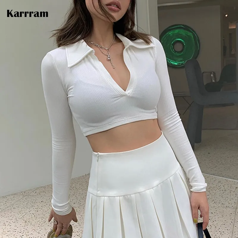 Karrram stile coreano Sexy Slim Crop Top donna bianco manica lunga magliette lavorate a maglia maglietta scollo a v profondo a costine Streetwear