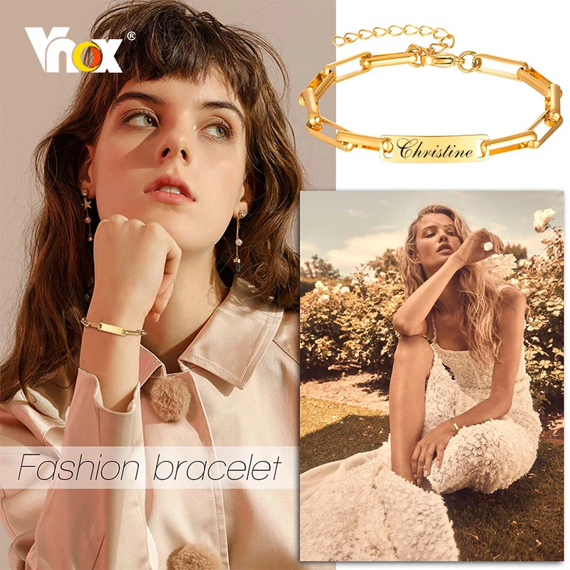 

Vnox Personal Engrave Name Date Love Day ID Bracelets for Women,Gold Color Stainless Steel Rectangle Chain,Custom Gift Jewelry