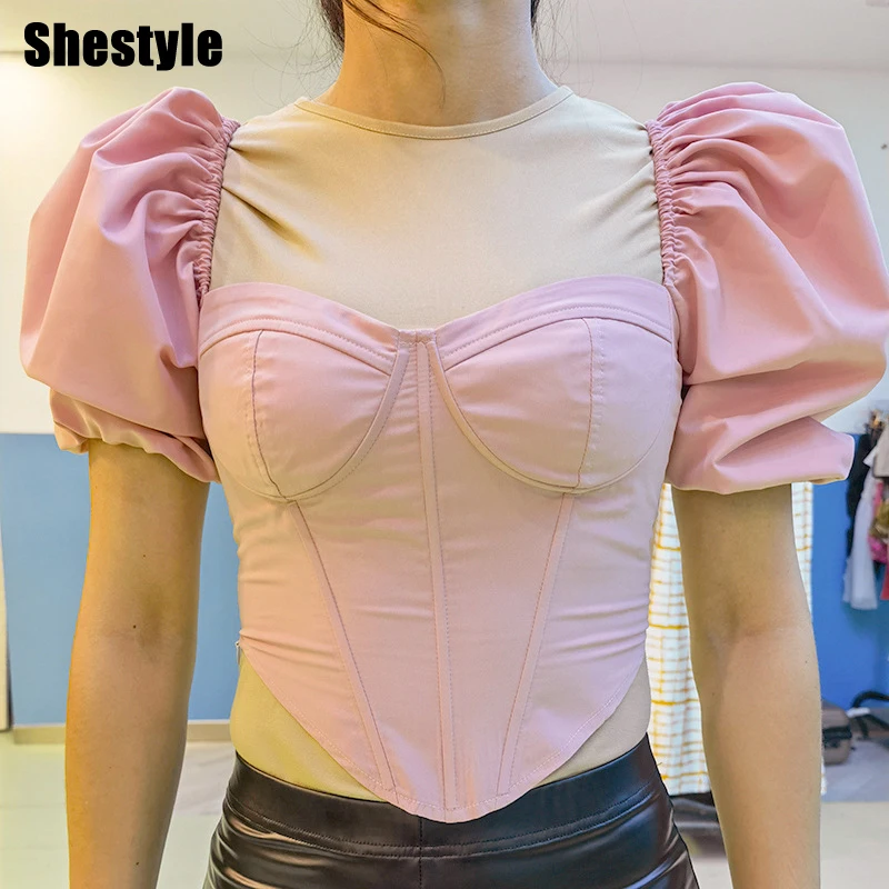 

Футболка Shestyle с коротким рукавом-фонариком, винтажный топ с квадратным вырезом, V-образным вырезом, асимметричный облегающий кроп-топ в стил...