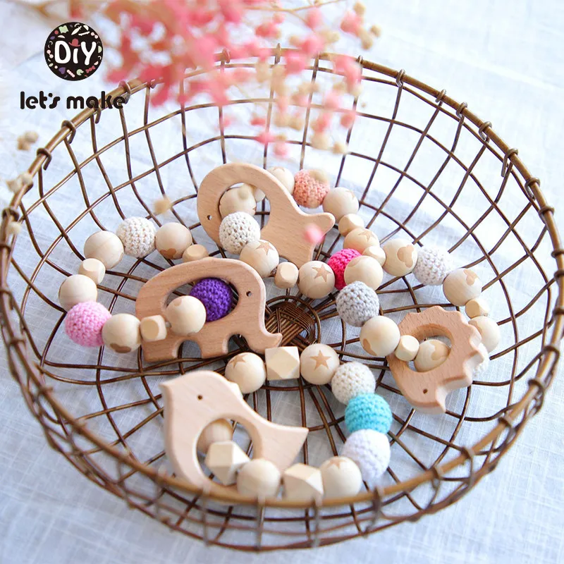 Браслеты погремушки Let's Make из бука с бусинами и ежиком сенсорные детские для игр