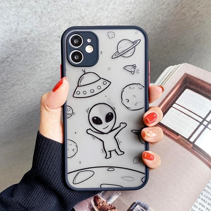 Matte Cartoon Saucer Man Astronaut Phone Case For iPhone 11 12 Pro X XR XS Max SE 2020 7 8 Plus Camera Protect Hard PC Cover