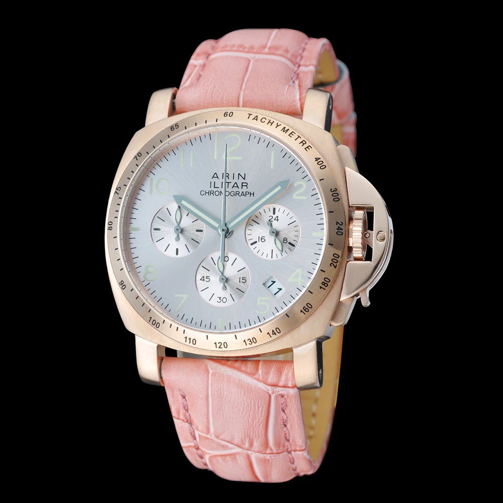 Хронограф часы кварцевые золотые стальной корпус 40 мм розовый циферблат