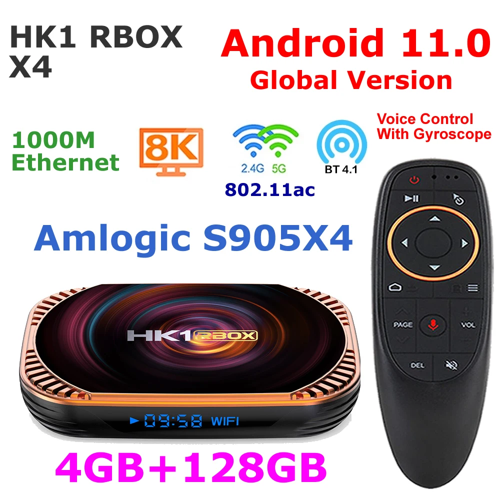 HK1 RBOX X4 TV BOX Android 11 S905X4 Четырехъядерный процессор 4G 128G Smart 5G Dual WIFI 1000M LAN 8K Видеокодек