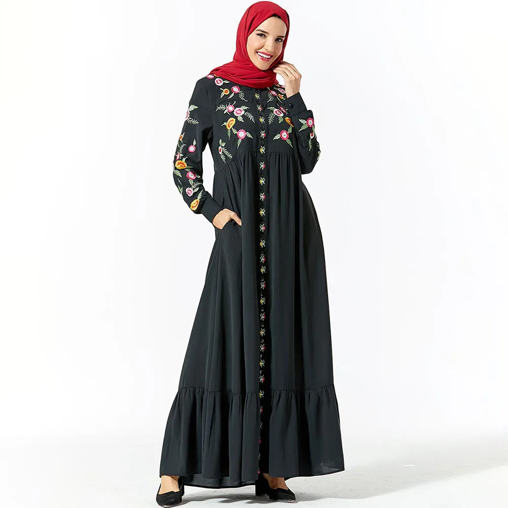 Черное платье с вышивкой Осеннее мусульманское без хиджаба Abayas Дубай женская