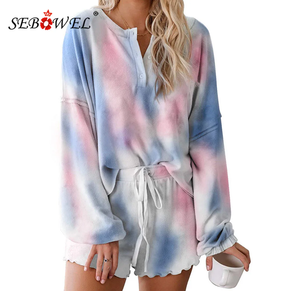 

Комплект пижамный женский SEBOWEL, из топа с длинным рукавом и шорт, Леопардовый, летний, 2020