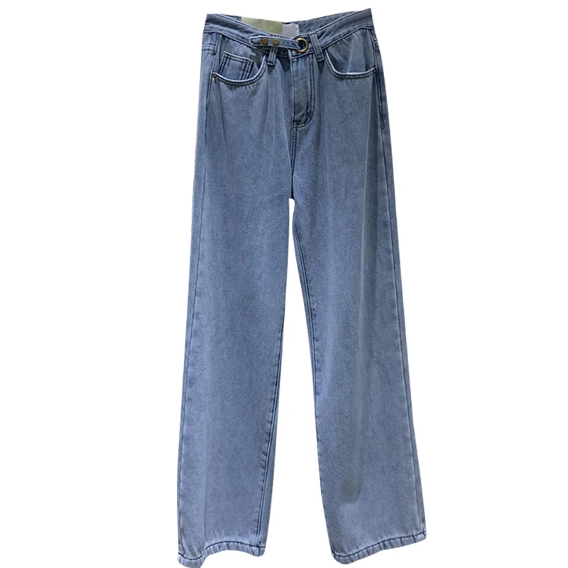 

Snap Closure Design Straight Loose Early Spring Korean Style Elegant Korean Dongdaemun Fleece-Lined Thick Flared Jeans
