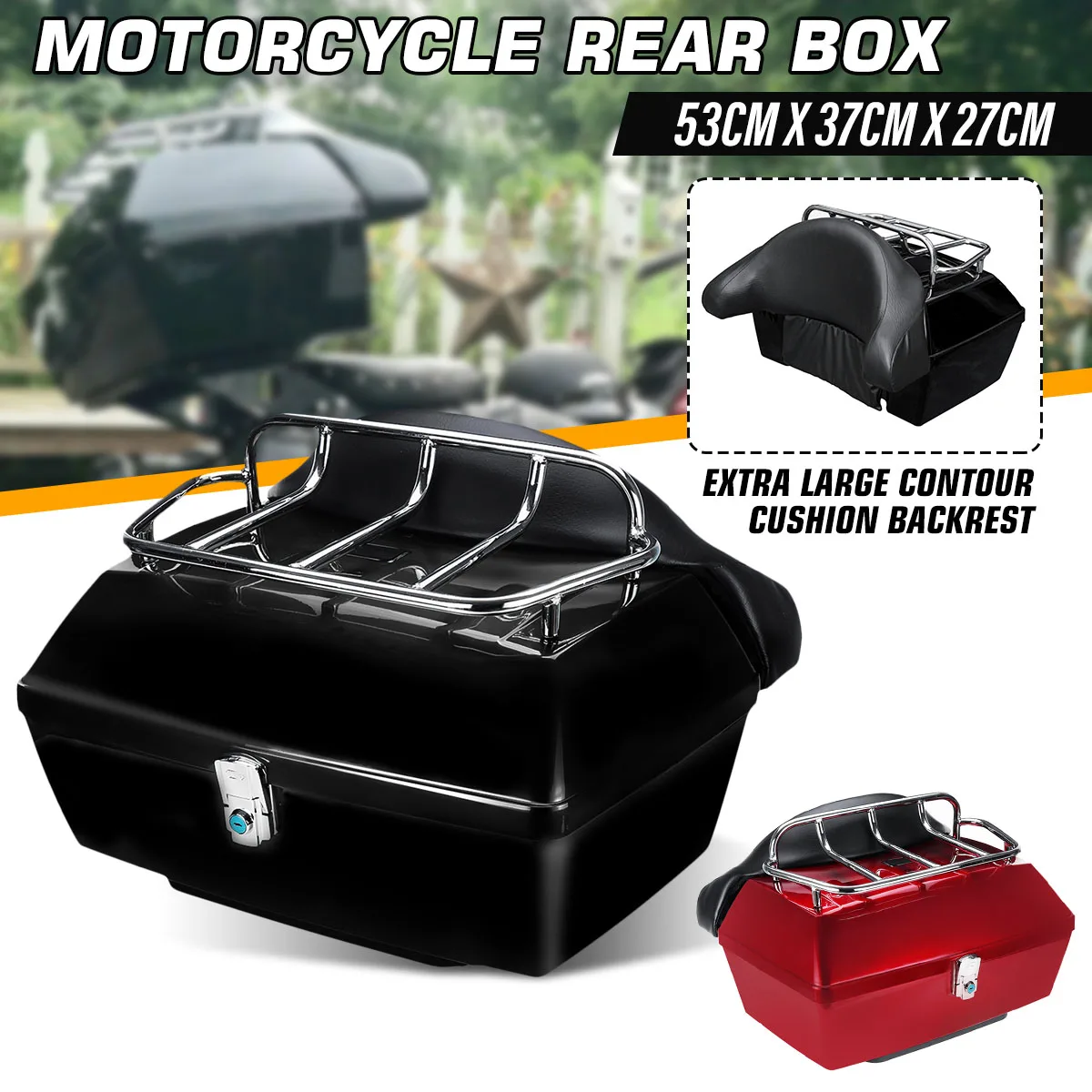 

48L Universal Motorcycle Trunk Rear Storage Box Tail Luggage Trunk Case Toolbox w/Backrest Pad Scooter Motorbike