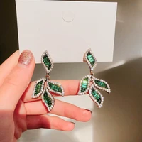 personality green crystal leaf earrings for women 2020 new fashion jewelry luxury party earrings with stones