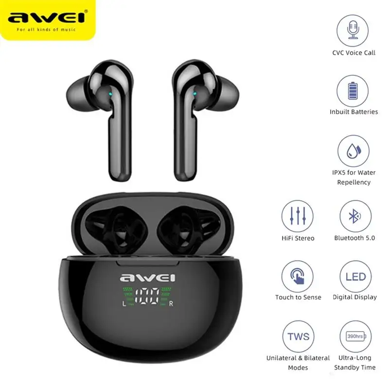 

Original AWEI T15P T28P Wireless Bluetooth Earphone TWS V5.0 Waterproof HD Clear Call Earbuds w/LED Digital Display Charger Case