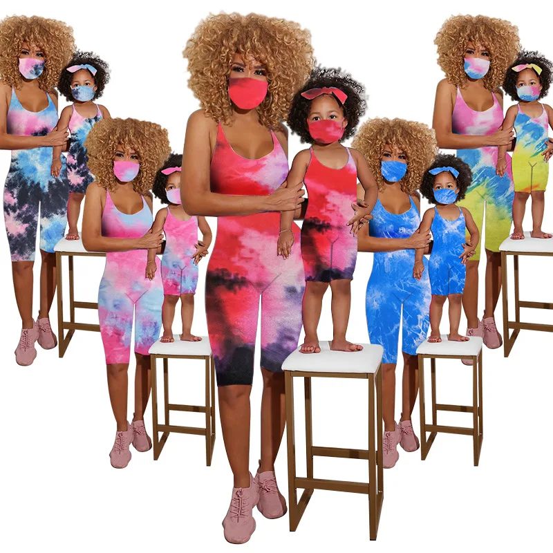 

Summer African Clothes For Mother And Daughter Tie Dyeing Sling Jumpsuit Sleeveless Rompers Family Matching Mommy And Me Outfits