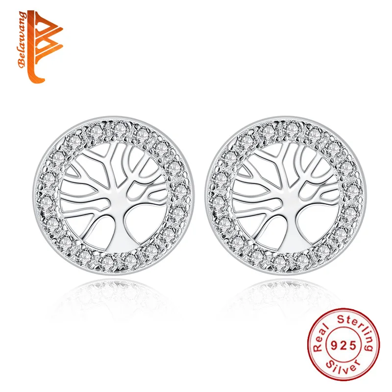 Luxury 925 Sterling Silver Stud Earrings with Rhinestone Circle Tree of Life for Women Birthday Jewelry silver earrings | Украшения и