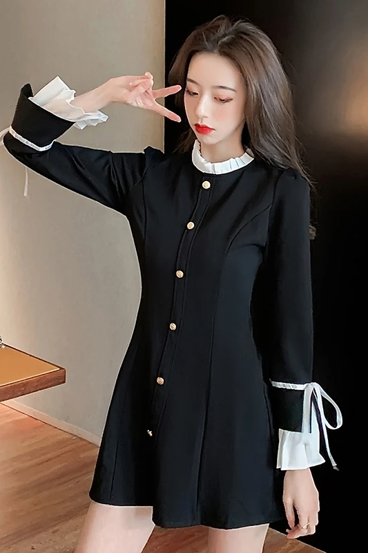 

COIGARSAM Patchwork Women one-piece dress korean New Spring High Waist Dresses Black 1387