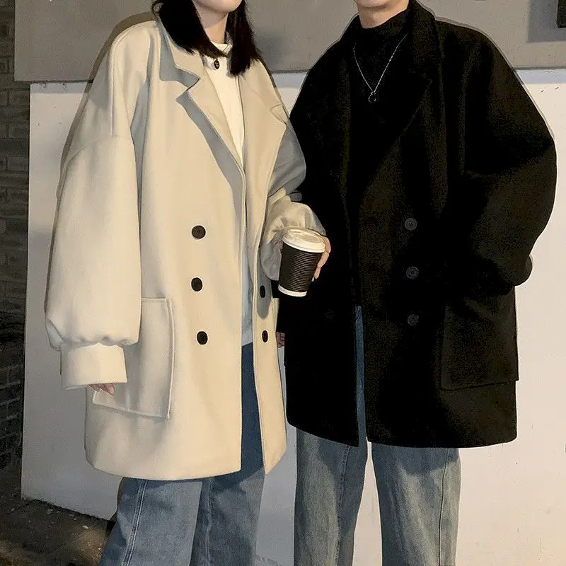 

Осенне-зимнее шерстяное пальто для мужчин и женщин, корейский стиль, средней длины, свободная парная ветровка с V-образным вырезом, элегантн...