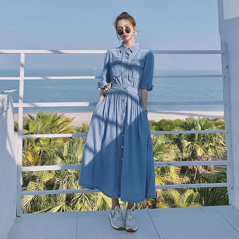 

Fashion French Denim Dress Women's 2021 Summer Mid Length Over The Knee High Quality Denim Single Breasted Empire Vestido