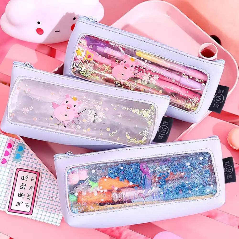 Розовый прозрачный мультфильм водонепроницаемый Pu джинсовый пенал школьные