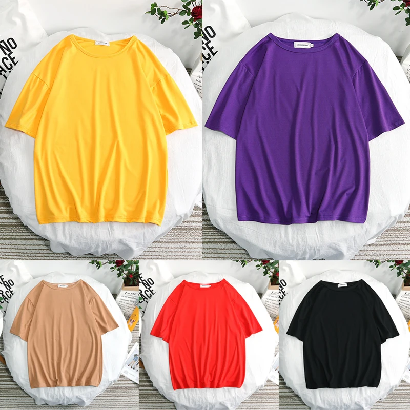 

7 Color Casual Loose Tshirt Korean O Neck Female Tops Cotton T Shirt Women Summer New Oversized Solid Tees
