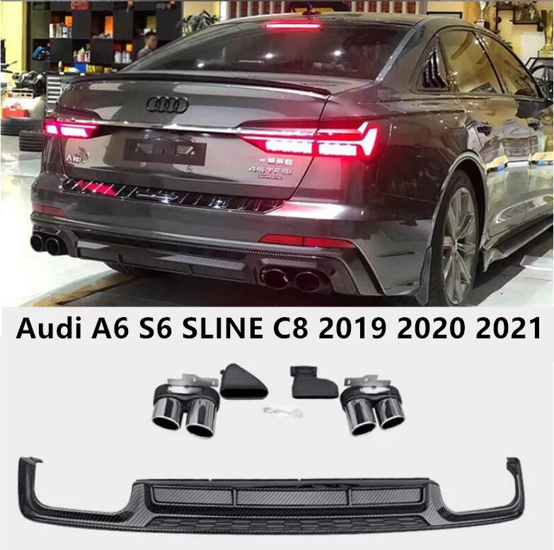 

Rear Bumper Diffuser & Exhaust Tips For Audi A6 S6 SLINE C8 2019 2020 2021 2022 Sedan Trunk Door Lip Spoiler ABS Carbon Fiber