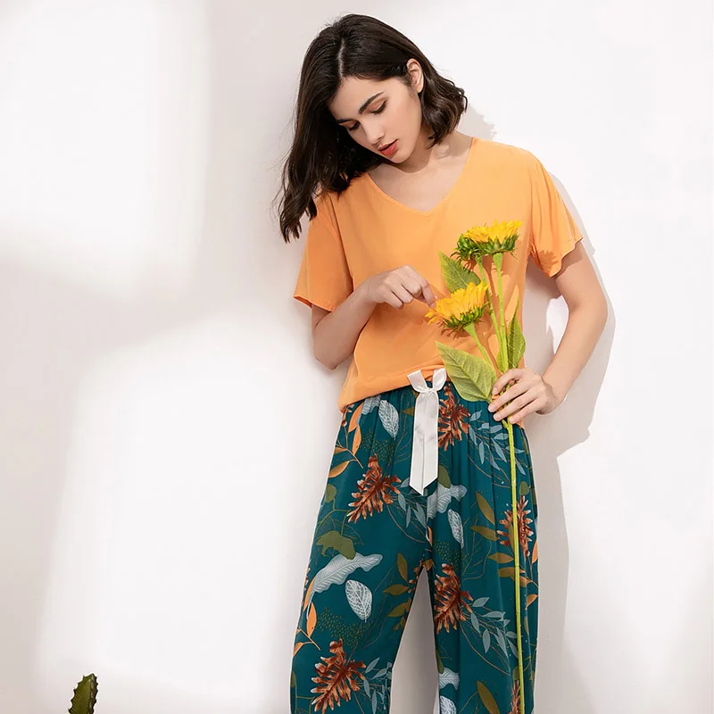 Женская свободная Пижама мягкая повседневная одежда оранжевого цвета с