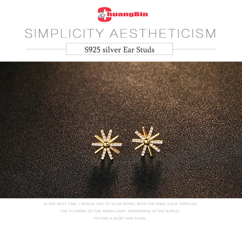 

Fashion pure S925 sterling silver new sunflower zircon earrings jewelry female girls Euro-American studs earrings silverware
