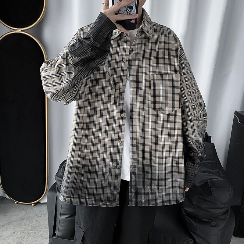 

2021 springmen's trendy brand clothes retro gradient color plaid trend long-sleeved shirt ins loose shirt jacket