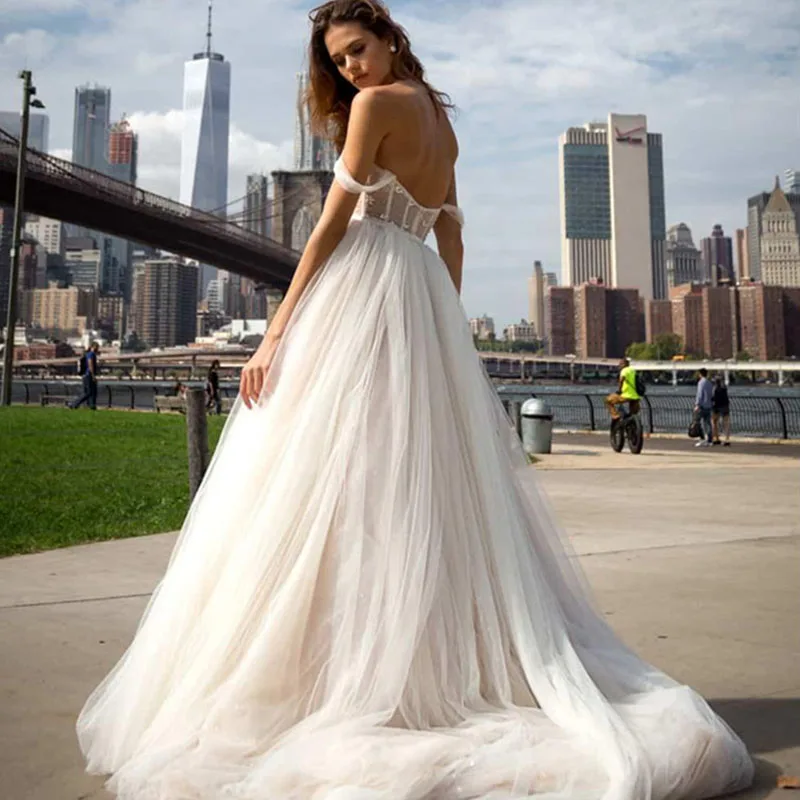 

Hi Shy Bride New simple wedding dress backless sleeveless design chiffon lace bride dresses princess dress plus size tailor-made