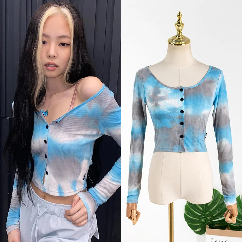 

kpop Korean Celebrity sexy Single-breasted Cardigan Short Knit Sweater Women street Fashion Long Sleeve Tie dye thin sweaters