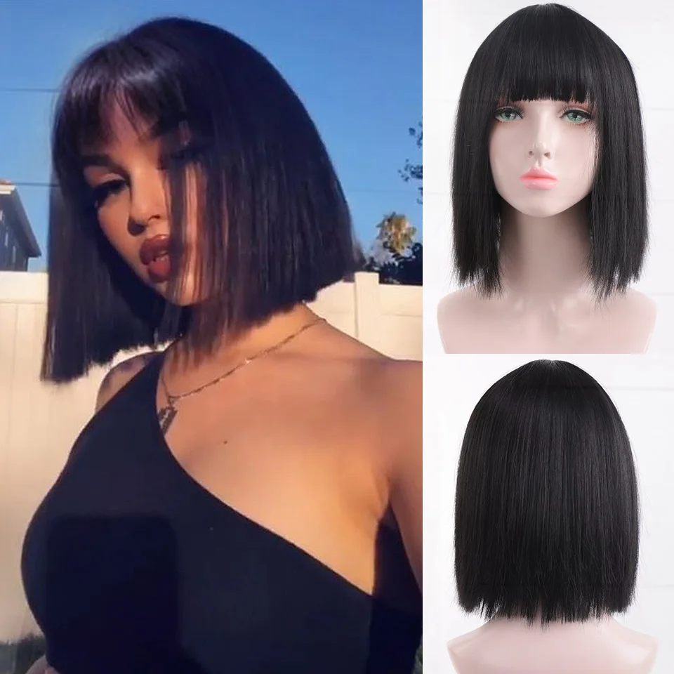 

HOUYAN Women's straight hair short bobo middle wig cosplay party natural purple pink gold synthetic heat-resistant wig
