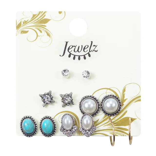 K47-4 9 Pairs/set Gold Silver Crystal Earrings Set Women Female Round Small Geometric Piercing Earrings for Party Gift Wholesale - Окраска металла: K47-4