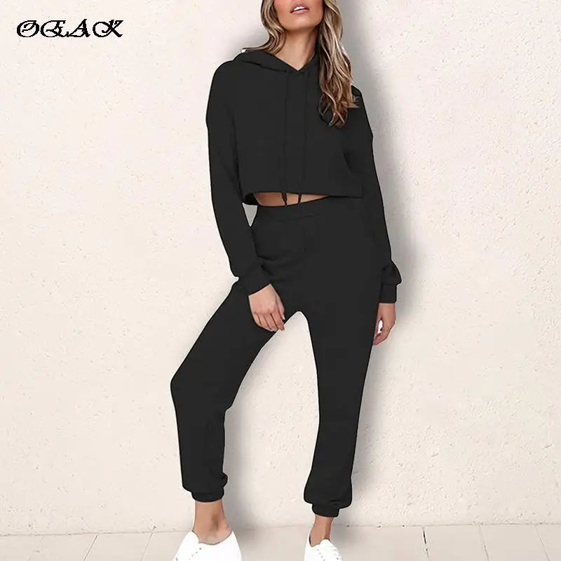 

OEAK Women Two Piece Set Cropped Hoodies+Sportpants Suits 2021 Autumn Casual Loose Solid Color Long Sleeve Drawstring Sweatpants