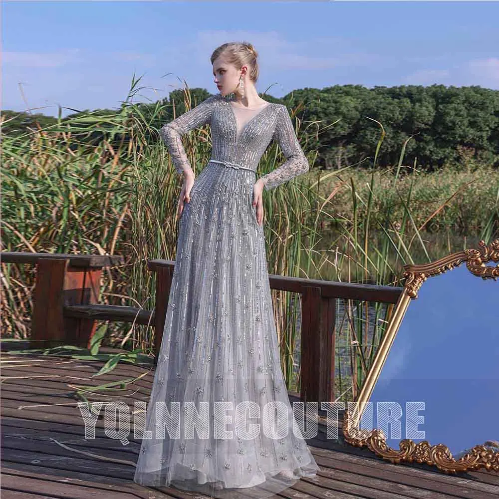 

YQLNNE Vestidos Silver Long Sleeve Crystals Evening Dresses Women O Neckline Tulle Beading Formal Party Gown Dubai