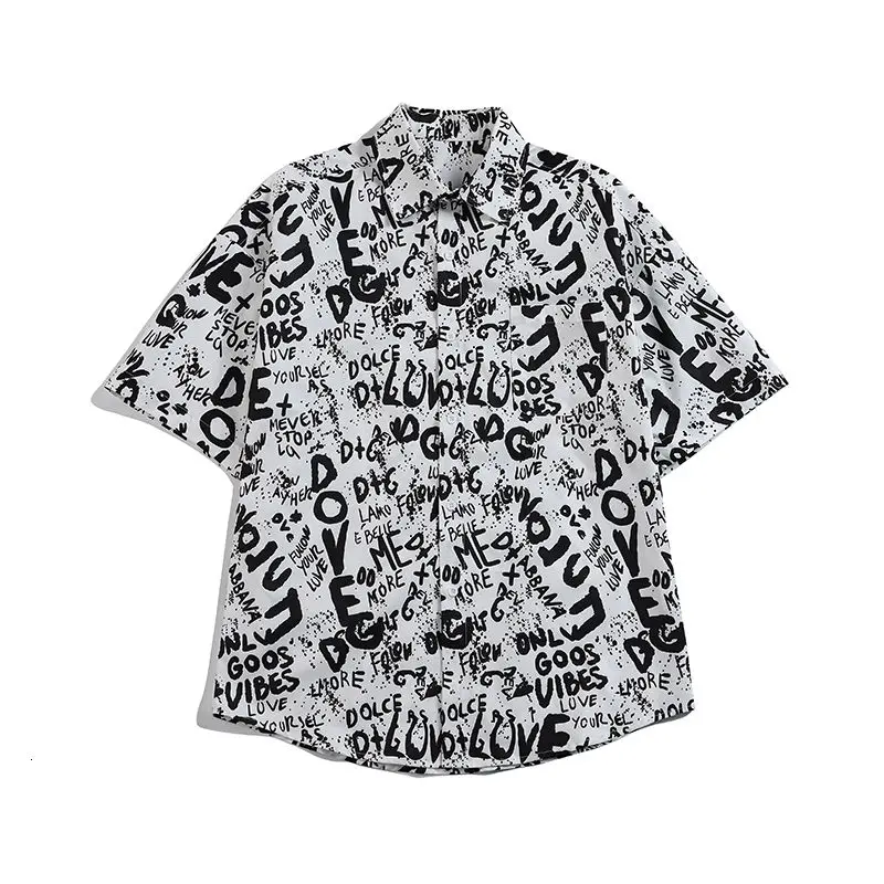 

Printed Letters Short Sleeve Shirts Summer Casual Loose Lapel Five-point Sleeve Tops Beach Graffiti Shirt Coat Male Clothes Thin