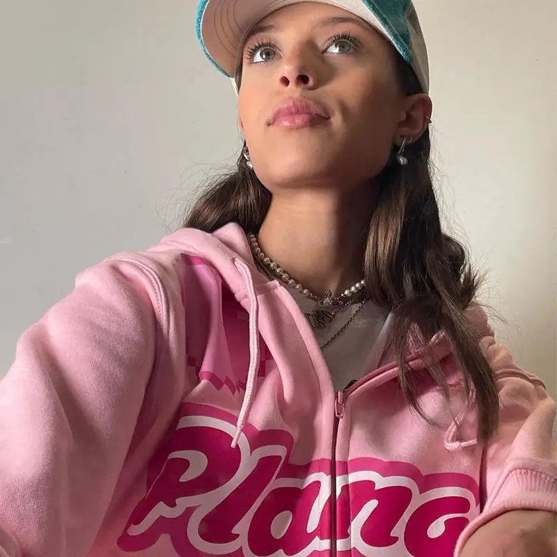 

Streetwear Retro pink letters hooded zipper sweatershirt with pocket zip-up jacket coat women's cardigan ins hoodie for women