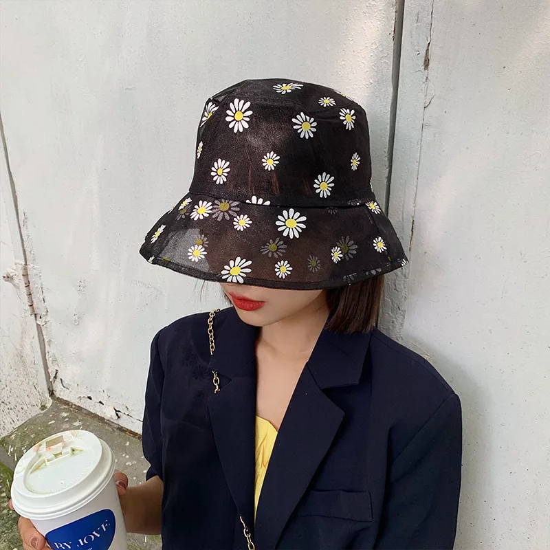 

Daisies Embroidered Buckets Hat Women Transparent Lace Flower Beach Panama Hats High Top Snapback Fashion Daisy Sun Cap Summer