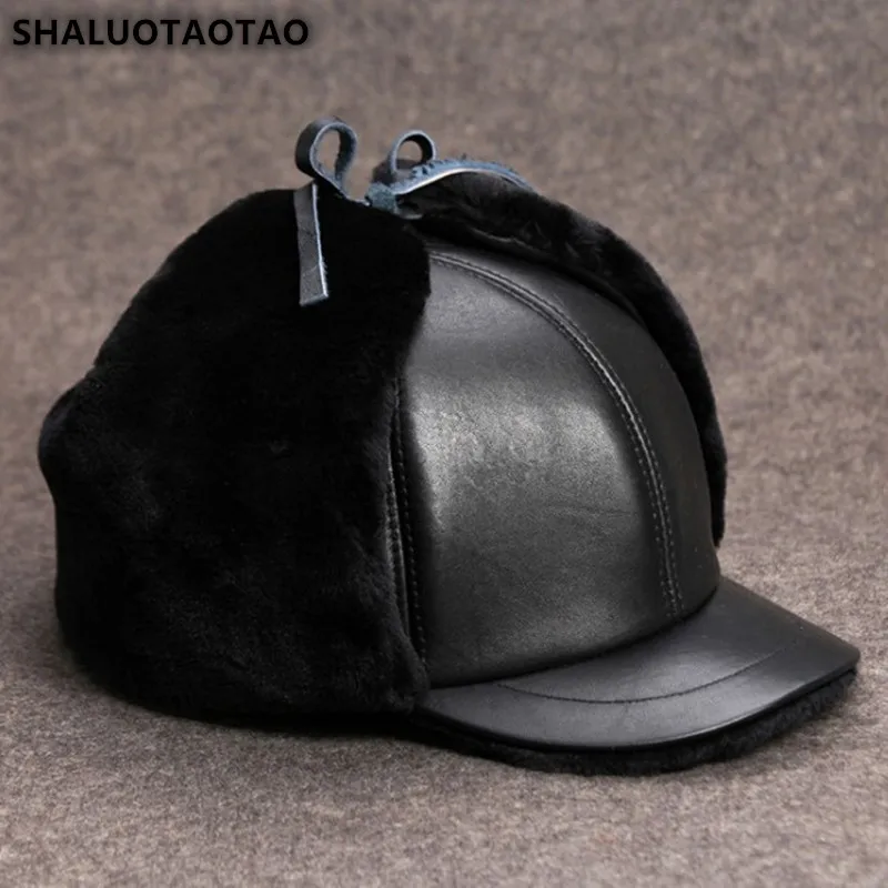 

SHALUOTAOTAO Winter Thick Thermal Sheepskin Bomber Hats For Men Fashion Earmuffs Velvet Genuine Leather Hat Warm Caps Dad's Cap